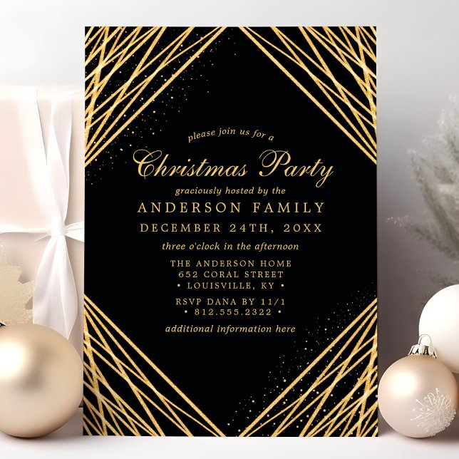 Invitation Fête de Noël abstraite géométrique noir et or (Créateur téléchargé)