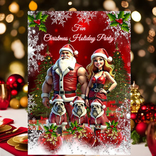 Invitation Fête de Noël amusante Couple rouge 3 Chiens