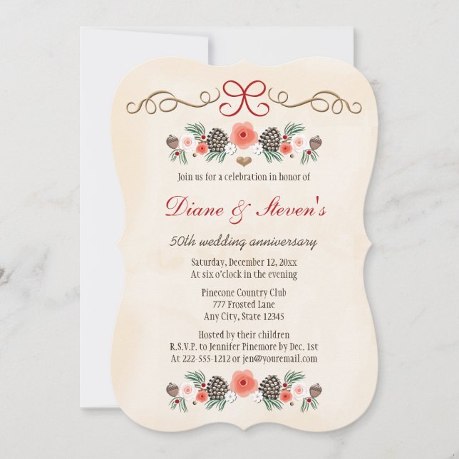 INVITATION FÊTE DE NOËL ANCIENNE AUX FLEURS ET POMMES DE PIN (Devant)