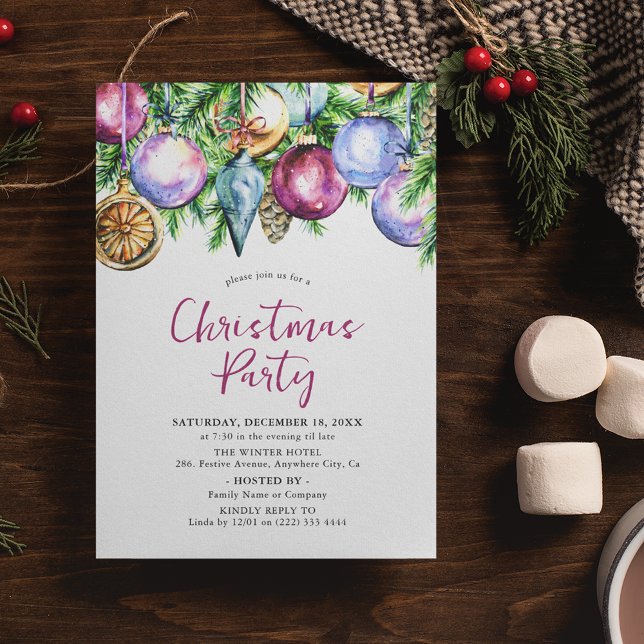 Invitation Fête de Noël aquarelle avec boule festive (Créateur téléchargé)