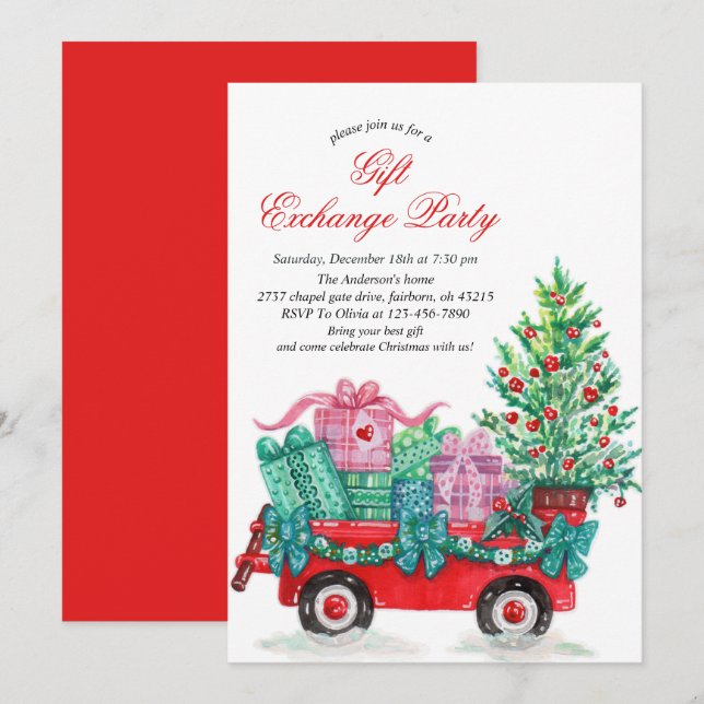 Invitation Fête de Noël aquarelle festive échange de cadeaux  (Devant / Derrière)
