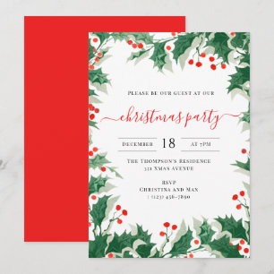 Invitation Fête de Noël Aquarelle Houx Baies