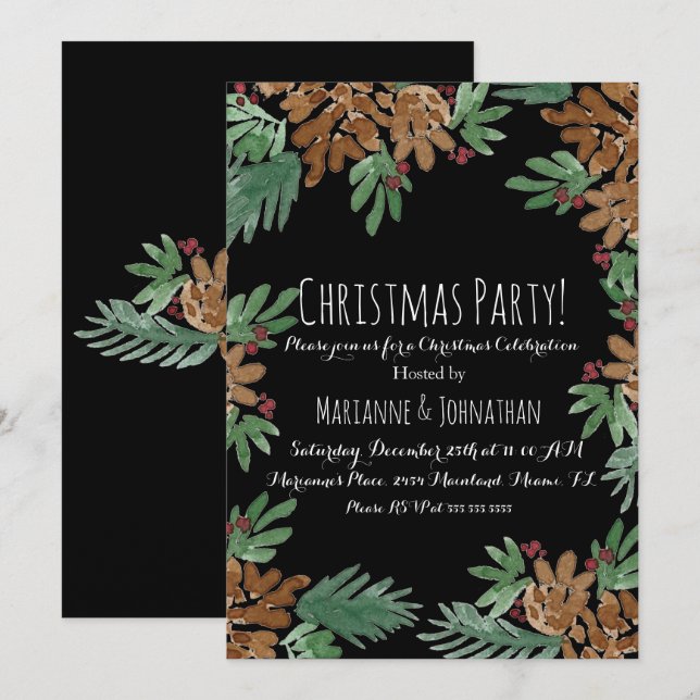 Invitation Fête de Noël Aquarelle Pinecones Vert Art (Devant / Derrière)