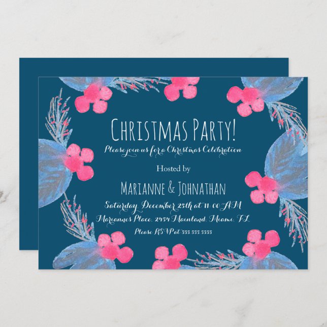 Invitation Fête de Noël aquarelle Pionsettias Berry Blue (Devant / Derrière)