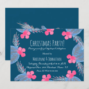 Invitation Fête de Noël aquarelle Pionsettias Berry Blue