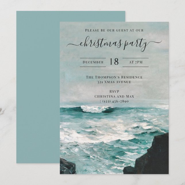 Invitation Fête de Noël Aquarelle Plage Côtière Été (Devant / Derrière)