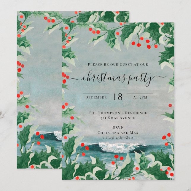 Invitation Fête de Noël Aquarelle Plage Côtière Holly (Devant / Derrière)