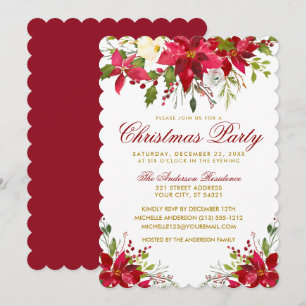 Invitation Fête de Noël Aquarelle rouge Floral Poinsettia S
