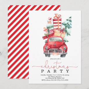 Invitation Fête de Noël, aquarelle rouge voiture vacances d'h