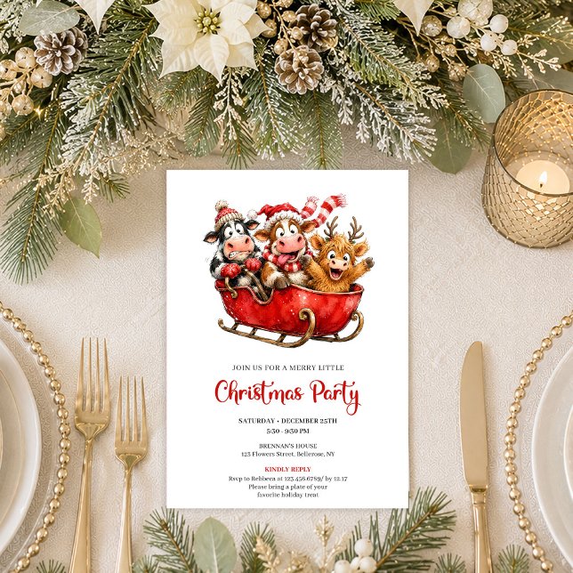 Invitation Fête de Noël aquarelle vaches drôles classiques  (Classic Funny Cows Watercolor Christmas Party Invitation

)