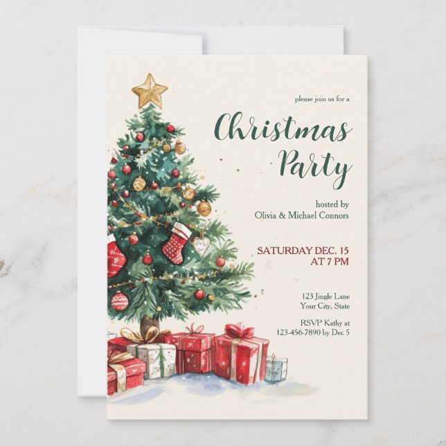 Invitation Fête de Noël arbre à l'aquarelle (Devant)