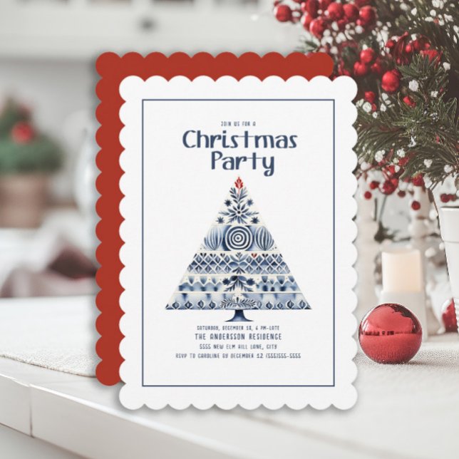 Invitation Fête de Noël Arbre Bleu Nordique Scandinave (Scandinavian tree Christmas party invitation)