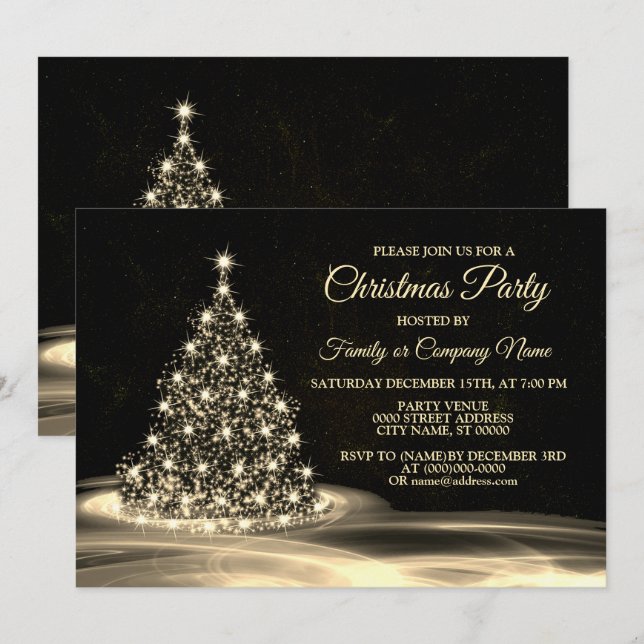 Invitation Fête de Noël Arbre Brillant Doré Hiver Noir (Devant / Derrière)