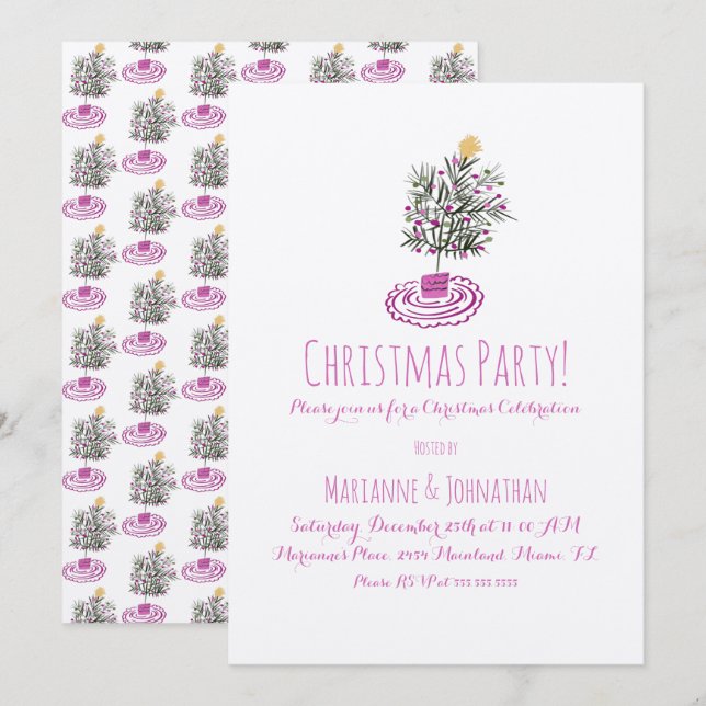 Invitation Fête de Noël  Arbre de Noël Dessiné à la Main Dood (Devant / Derrière)