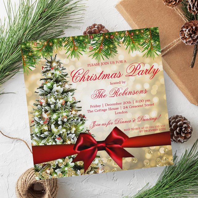 Invitation Fête de Noël | Arbre de Noël Parties scintillant d (Christmas Party | Xmas Tree Ribbon Glitter Gold Invitation)
