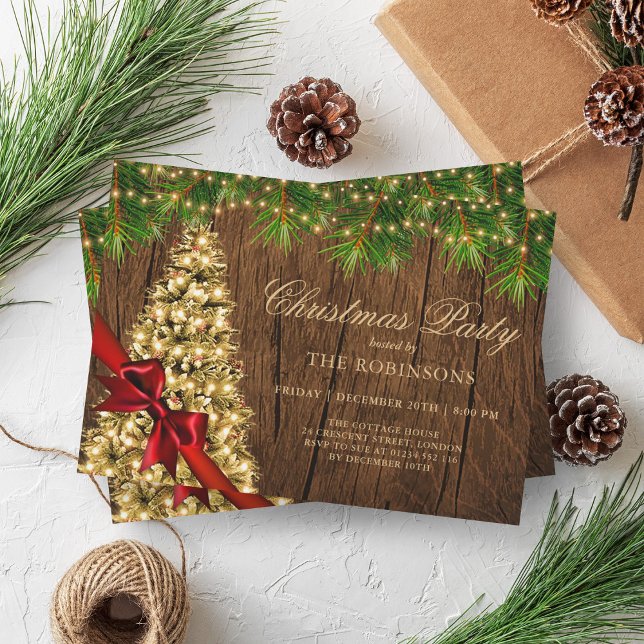 Invitation Fête de Noël | Arbre en or rustique et ruban rouge (Christmas Party | Rustic Gold Tree & Red Ribbon Invitation)