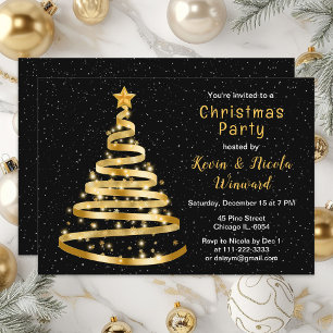 Invitation Fête de Noël arbre ruban or et noir