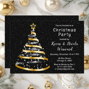 Invitation Fête de Noël arbre ruban or et noir