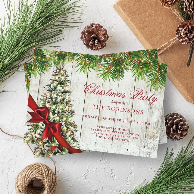 Invitation Fête de Noël | Arbre rustique et ruban rouge (Christmas Party | Rustic Tree & Red Ribbon Invitation)