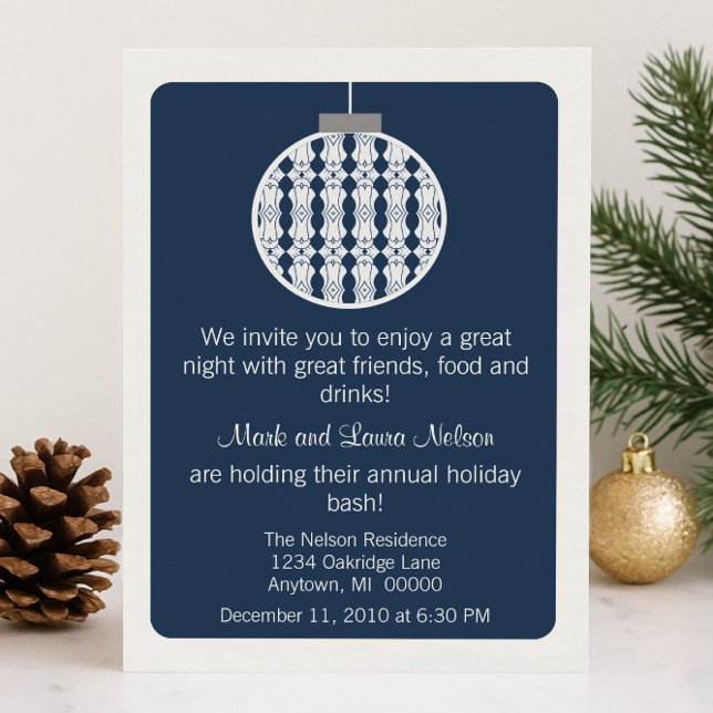 Invitation Fête de Noël Art déco | Bleu (Blue Art Deco Ornament Christmas Party Invitation)