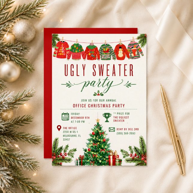 Invitation Fête de Noël au bureau avec un pull moche  (Ugly Sweater Office Holiday Christmas Party Invitation)