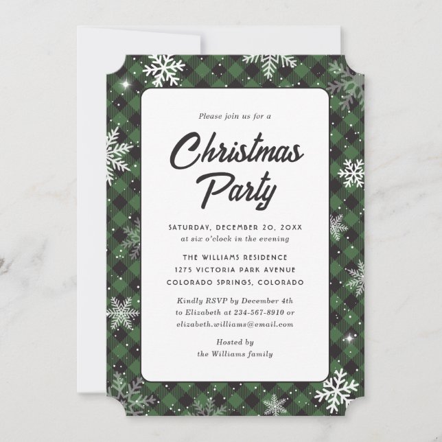 Invitation Fête de Noël au carreau buffle vert flocon de neig (Devant)
