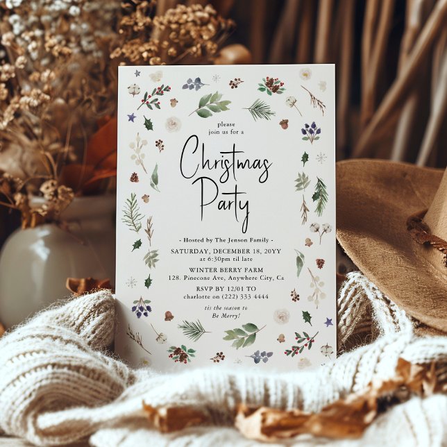 Invitation Fête de Noël au feuillage d'hiver à l'aquarelle (Créateur téléchargé)