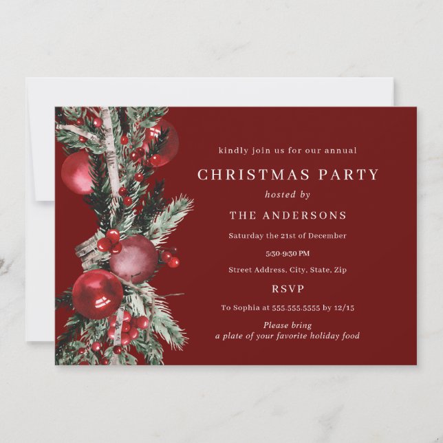 Invitation Fête de Noël au feuillage traditionnel rouge (Devant)