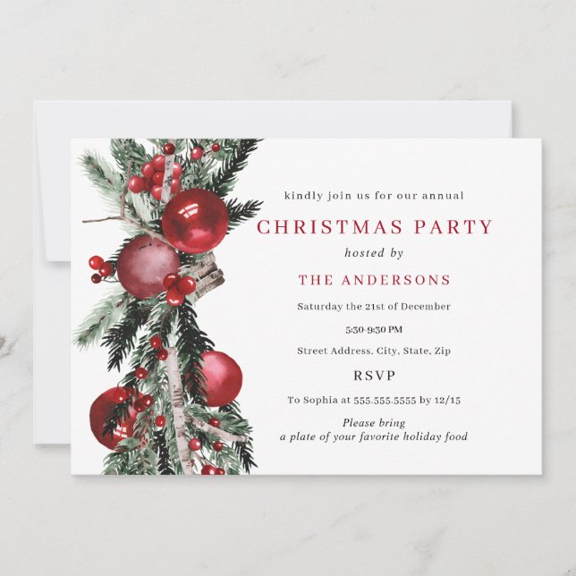 Invitation Fête de Noël au feuillage traditionnel rouge et ve (Devant)