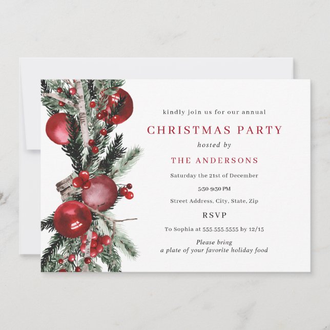 Invitation Fête de Noël au feuillage traditionnel rouge vert (Devant)