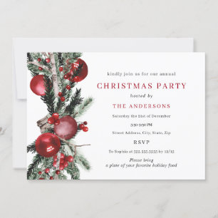 Invitation Fête de Noël au feuillage traditionnel rouge vert
