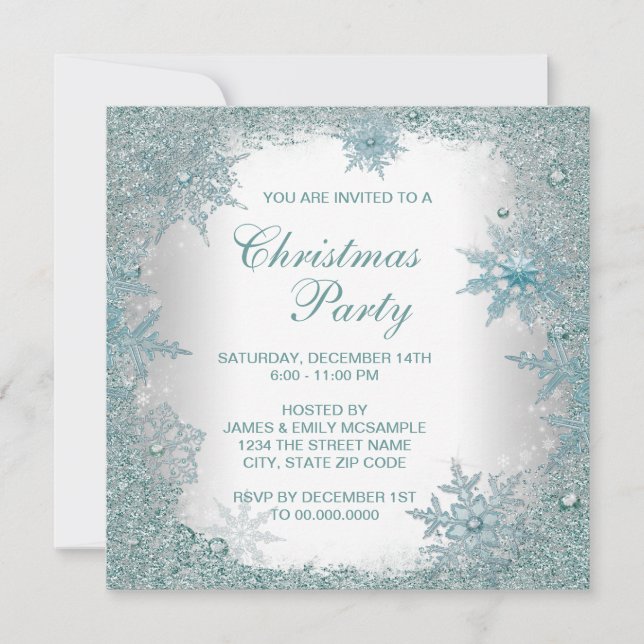 Invitation Fête de Noël au flocon de neige bleu sarcelle élég (Devant)