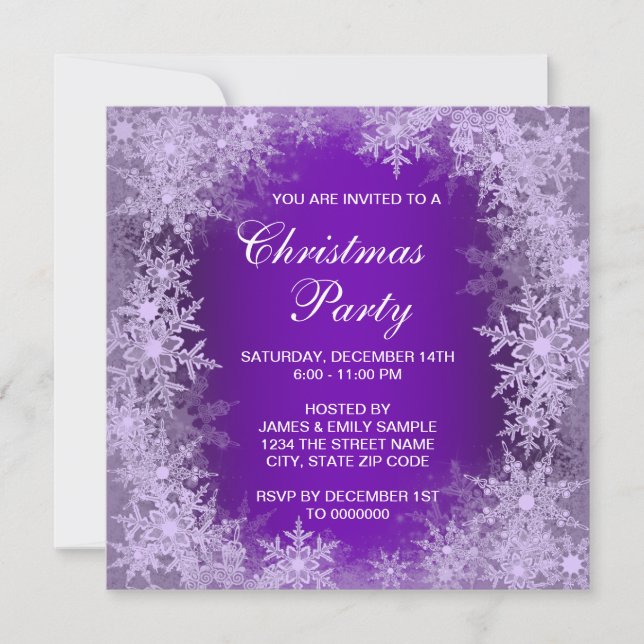 Invitation Fête de Noël au flocon de neige violet élégant (Devant)
