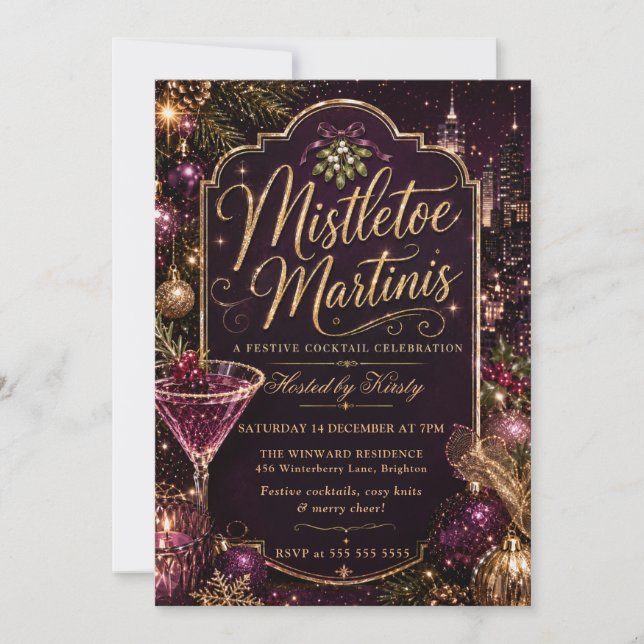 Invitation Fête de Noël au gui et aux martinis (Devant)