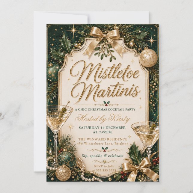 Invitation Fête de Noël au gui et aux martinis (Devant)
