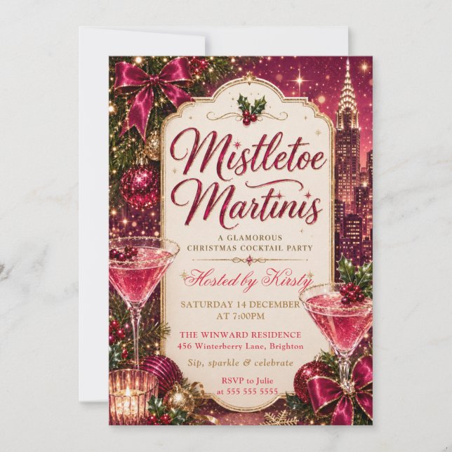 Invitation Fête de Noël au gui et aux martinis (Devant)