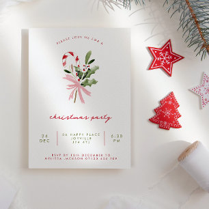 Invitation Fête de Noël au houx et à la canne à sucre aquarel
