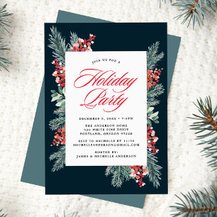 Invitation Fête de Noël au houx et aux evergreen