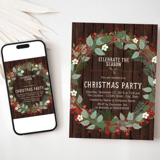 Invitation Fête de Noël au houx rustique (Rustic Christmas party invitation with wreath on wood. Available for instant download and print.)