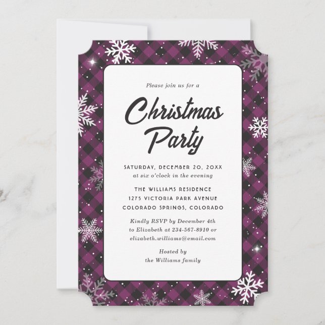 Invitation Fête de Noël au motif carreau buffle violet flocon (Devant)