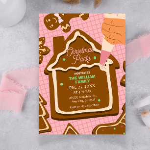 Invitation Fête de Noël au pain d'épices marron rose mignon