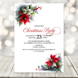 Invitation Fête de Noël au papier aquarelle avec poinsettia