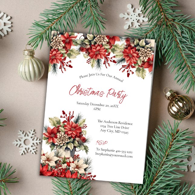 Invitation Fête de Noël au poinsettia (Poinsettia Vintage Christmas Holiday party invitation)