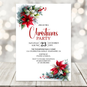 Invitation Fête de Noël au poinsettia aquarelle