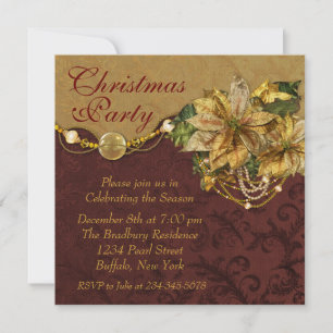 Invitation Fête de Noël au poinsettia or rouge