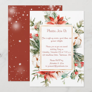 Invitation Fête de Noël au poinsettia rouge et aux feuillus p