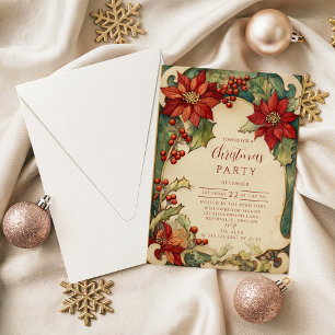 Invitation Fête de Noël au poinsettia vintage