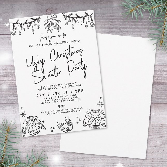 Invitation Fête de Noël au Pull de Noël Moche Dessiné à la Ma (Hand Drawn Ugly Sweater Christmas Party Invitation)