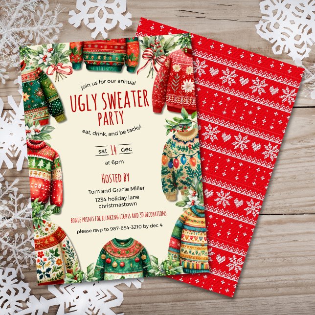 Invitation Fête de Noël au pull moche  (Ugly Sweater Christmas Party Invitation with a variety of sweaters, handwritten font, sweater print.)