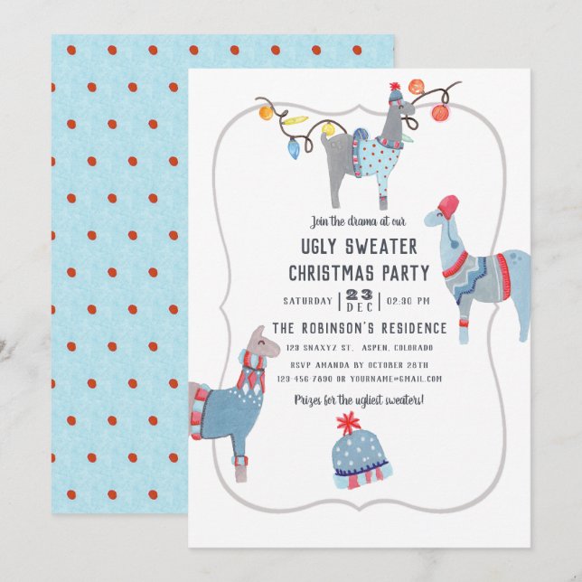 Invitation Fête de Noël au pull moche à thème lama (Devant / Derrière)